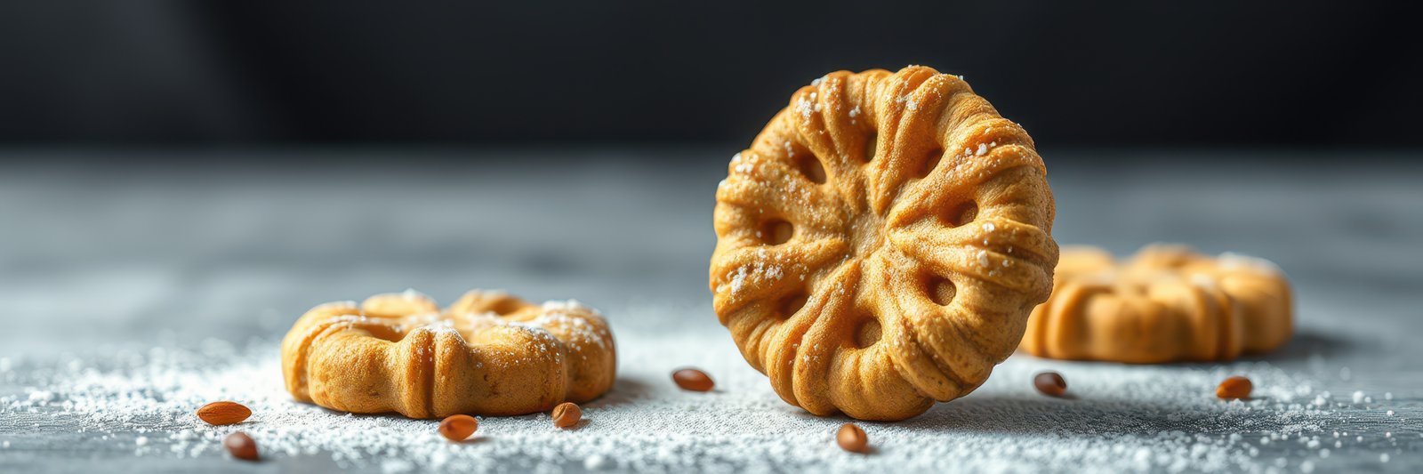 Delicious baked cookies decorated with powdered sugar on a dark wooden surface